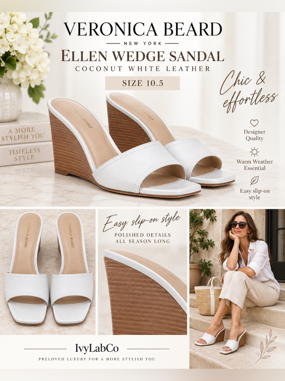 SEO Title: Veronica Beard Ellen Coconut White Leather Wedge Sandals Size 10.5 NW